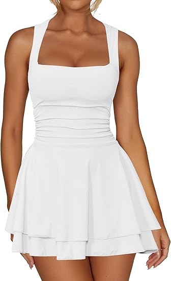 Women's Square Neck Ruffle Hem Mini Dress Ruched Waist Short Party Dresses